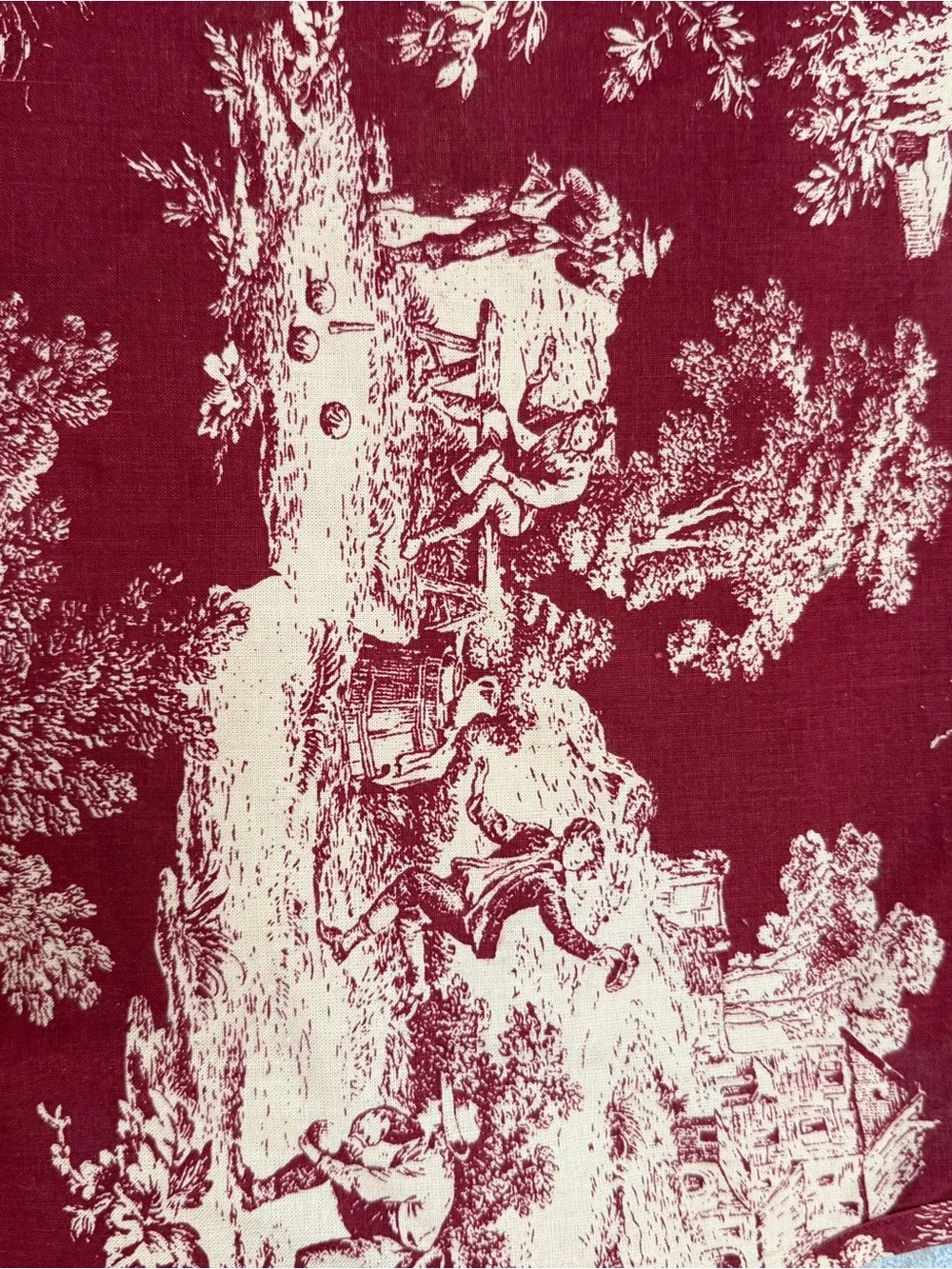 Christmas Tree Skirt Colonial Country Scene Red and Cream 50” Vintage